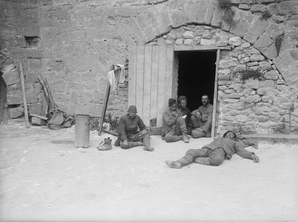Turkish prisoners captured during the landings at Gallipoli seen in the courtyard of the old fort at Sedd el Bahr